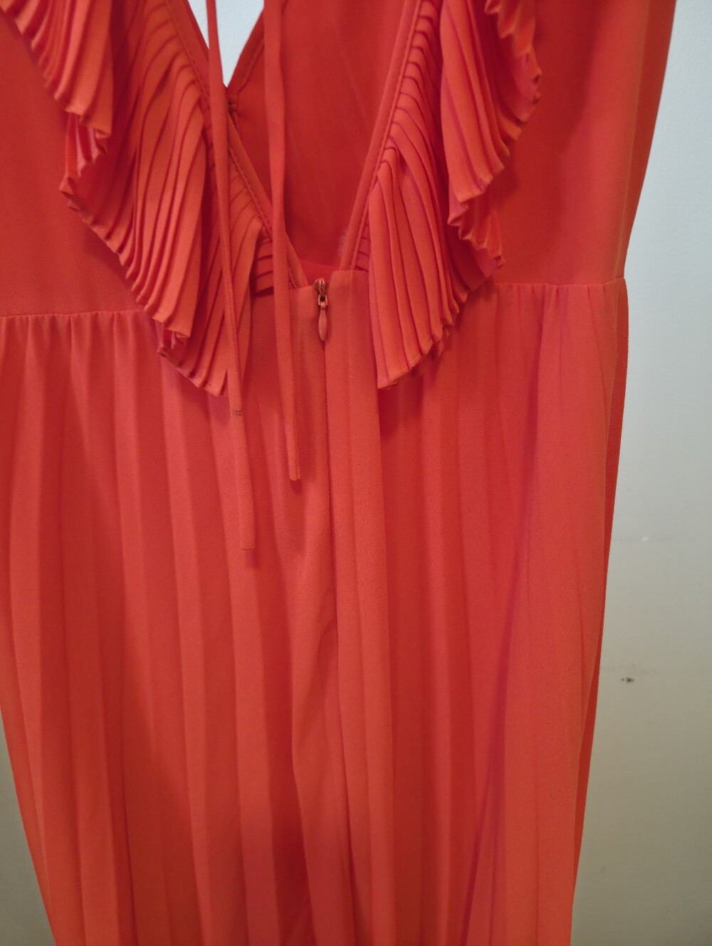 Zara Pleated Ruffle Maxi Dress Orange/redish Open Back Plunge Sleeveless Size XS - Picture 3 of 5